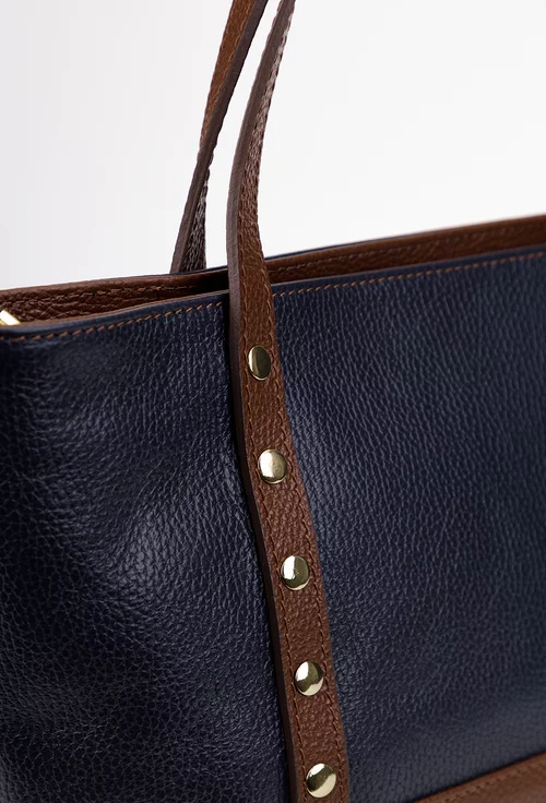 Geanta dama din piele texturata bleumarin cu maro