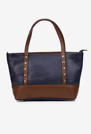 Geanta dama din piele texturata bleumarin cu maro