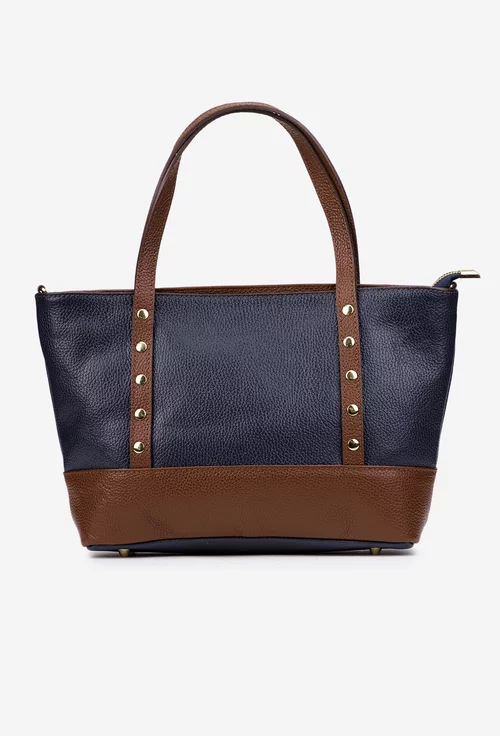 Geanta dama din piele texturata bleumarin cu maro