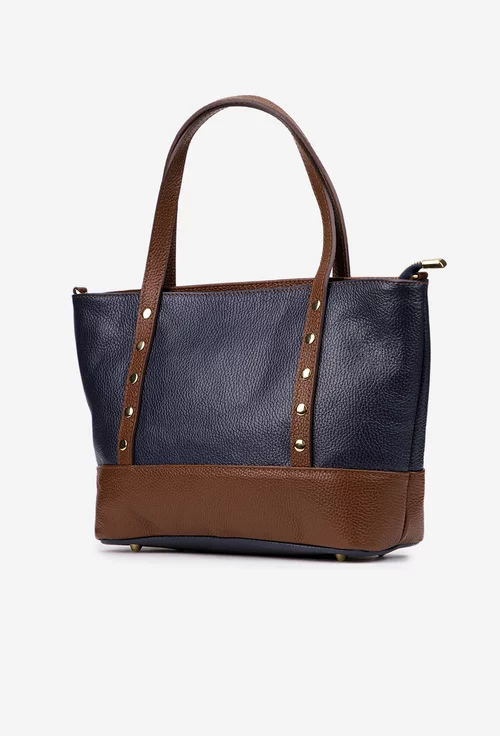 Geanta dama din piele texturata bleumarin cu maro
