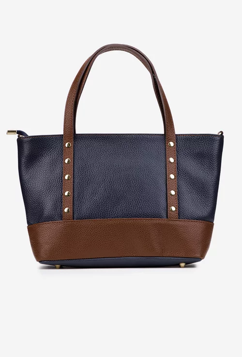 Geanta dama din piele texturata bleumarin cu maro