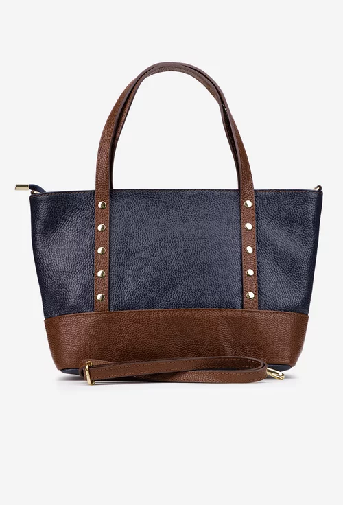 Geanta dama din piele texturata bleumarin cu maro