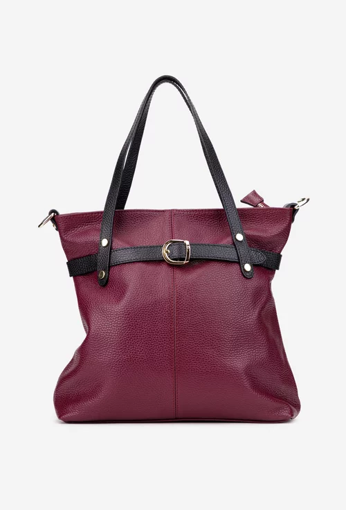 Geanta dama din piele texturata bordo cu negru si ornamente aurii