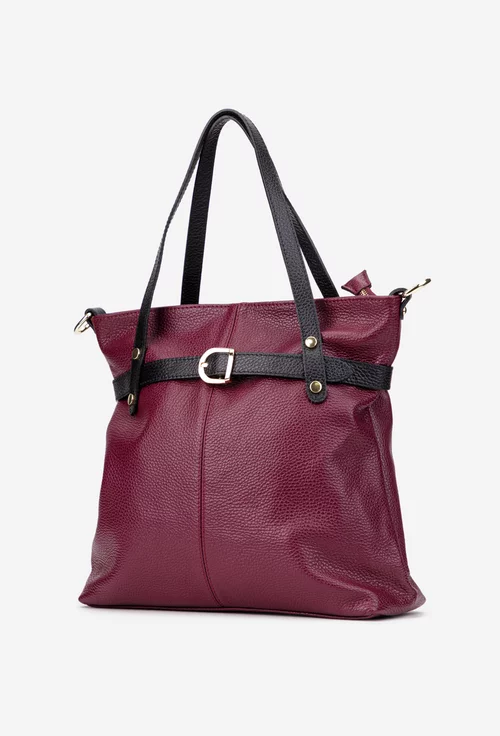 Geanta dama din piele texturata bordo cu negru si ornamente aurii