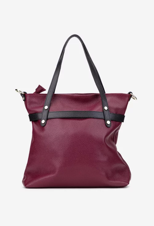 Geanta dama din piele texturata bordo cu negru si ornamente aurii