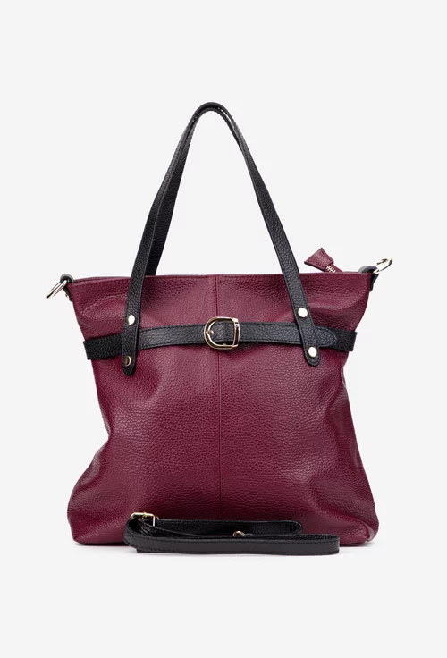 Geanta dama din piele texturata bordo cu negru si ornamente aurii