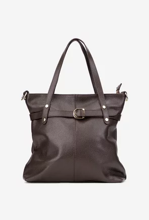 Geanta dama din piele texturata maro inchis cu ornamente aurii