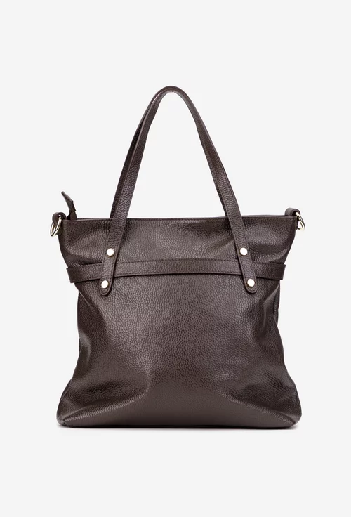 Geanta dama din piele texturata maro inchis cu ornamente aurii