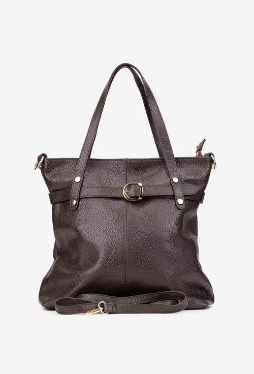 Geanta dama din piele texturata maro inchis cu ornamente aurii