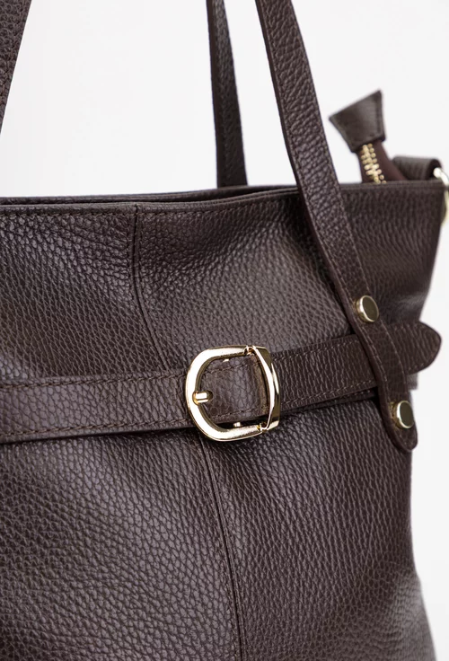 Geanta dama din piele texturata maro inchis cu ornamente aurii