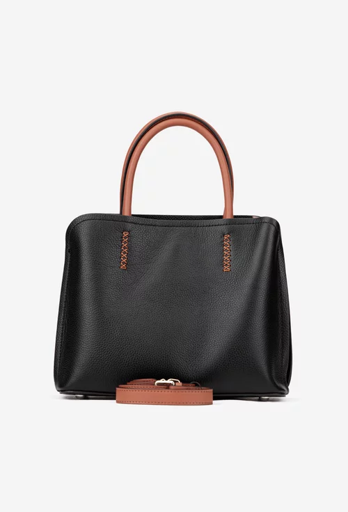 Geanta dama din piele texturata neagra cu barete maro