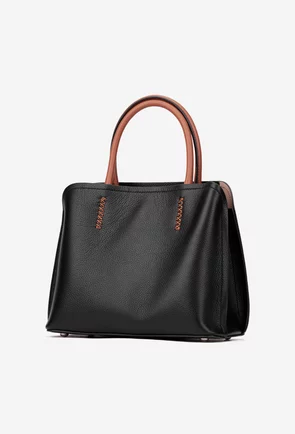 Geanta dama din piele texturata neagra cu barete maro