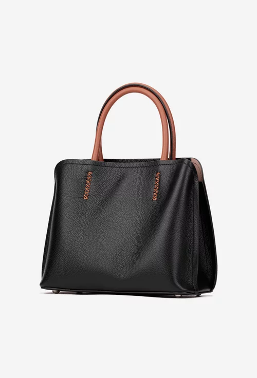 Geanta dama din piele texturata neagra cu barete maro