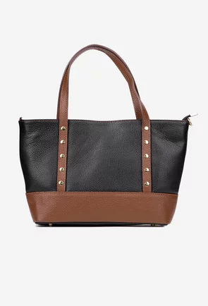 Geanta dama din piele texturata neagra cu maro