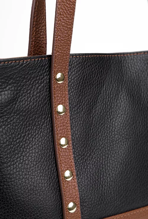 Geanta dama din piele texturata neagra cu maro