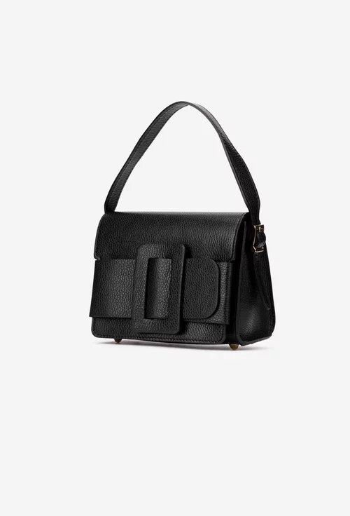 Geanta dama din piele texturata neagra cu ornament