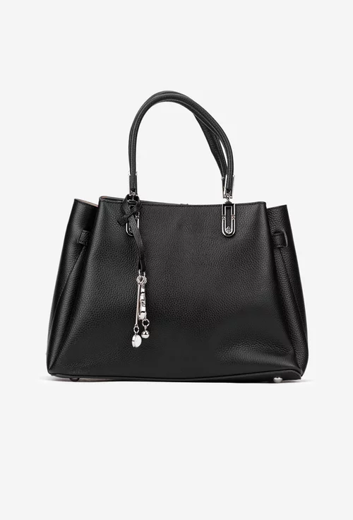 Geanta dama din piele texturata neagra cu ornament