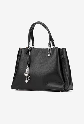 Geanta dama din piele texturata neagra cu ornament