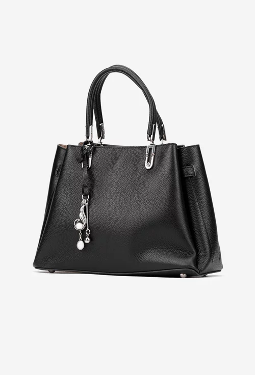 Geanta dama din piele texturata neagra cu ornament