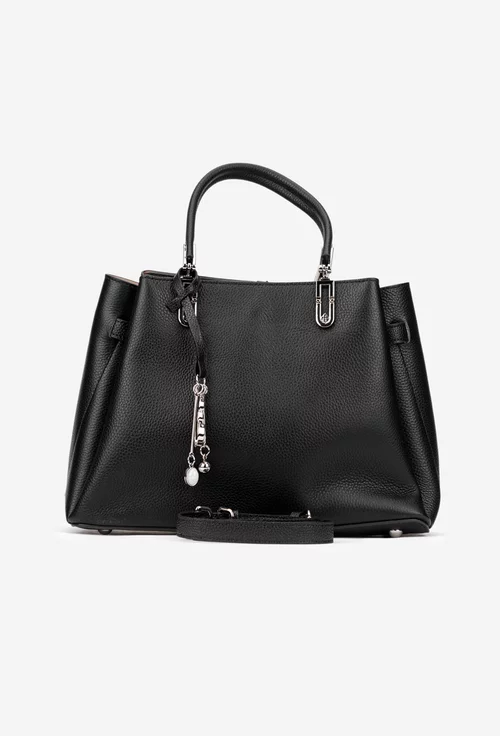 Geanta dama din piele texturata neagra cu ornament