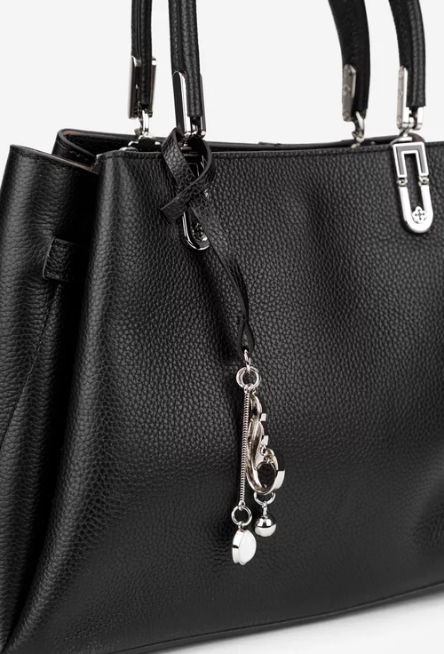 Geanta dama din piele texturata neagra cu ornament