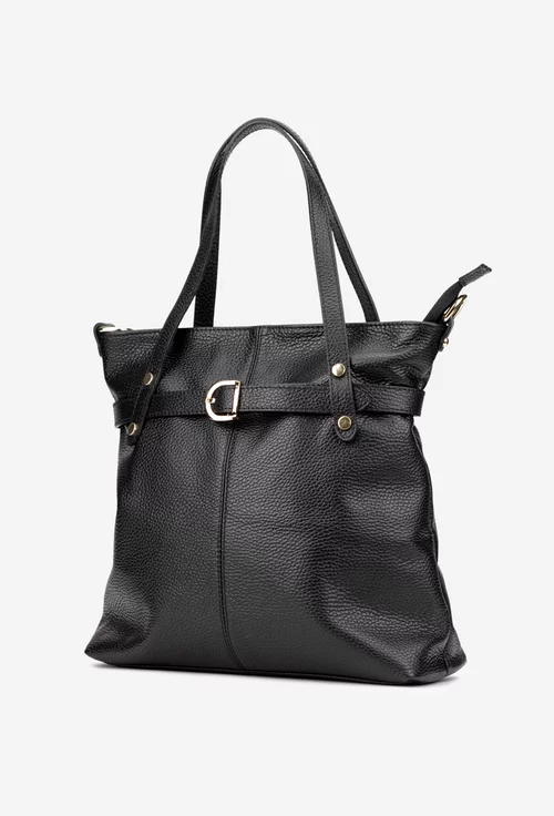 Geanta dama din piele texturata neagra cu ornamente aurii