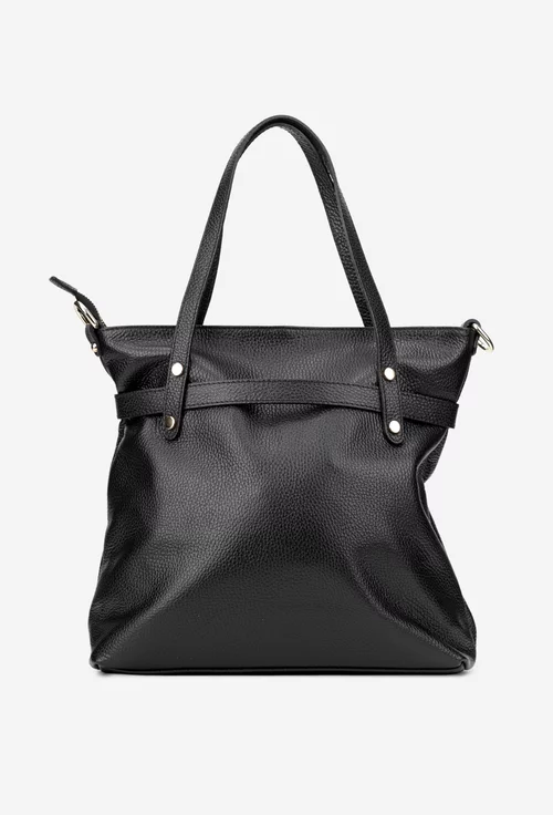 Geanta dama din piele texturata neagra cu ornamente aurii