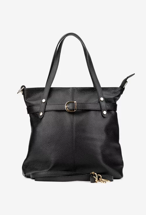 Geanta dama din piele texturata neagra cu ornamente aurii