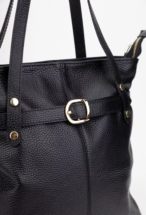 Geanta dama din piele texturata neagra cu ornamente aurii