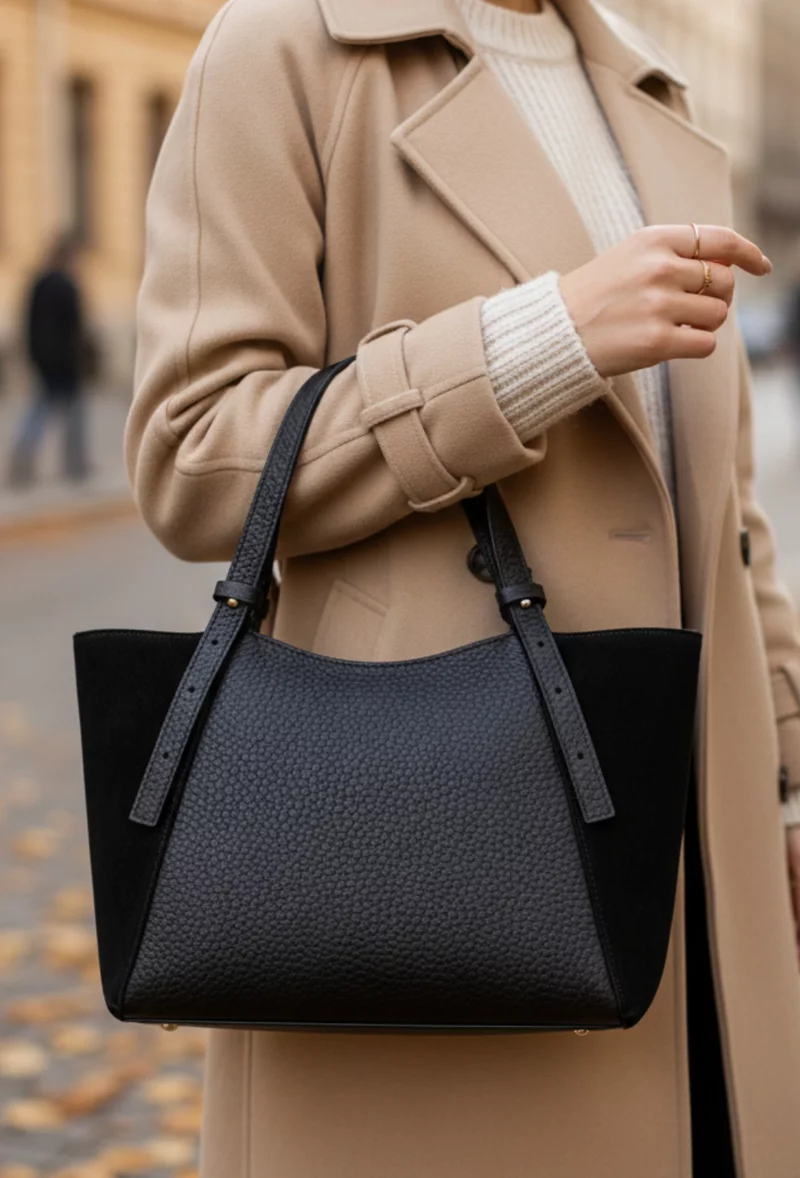 バッグ Pori Geanta dama din piele texturata si intoarsa neagra - Dasha.ro