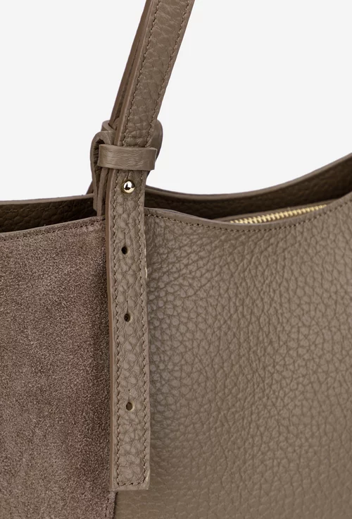 Geanta dama din piele texturata si intoarsa taupe