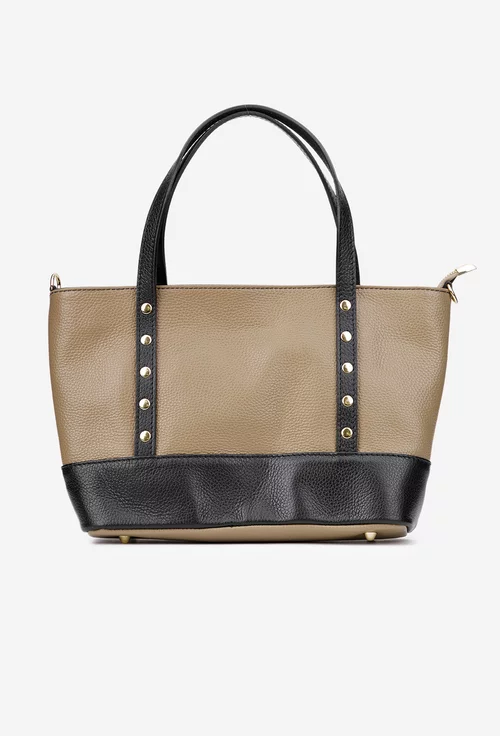 Geanta dama din piele texturata taupe cu negru