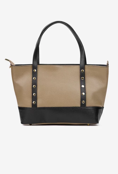 Geanta dama din piele texturata taupe cu negru