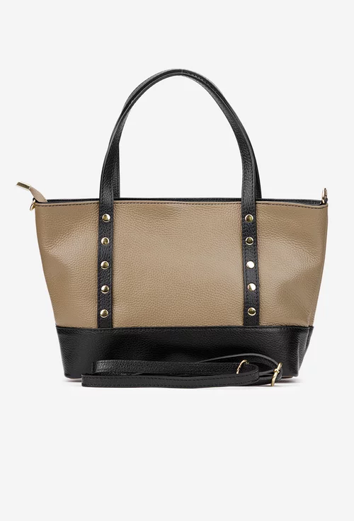 Geanta dama din piele texturata taupe cu negru