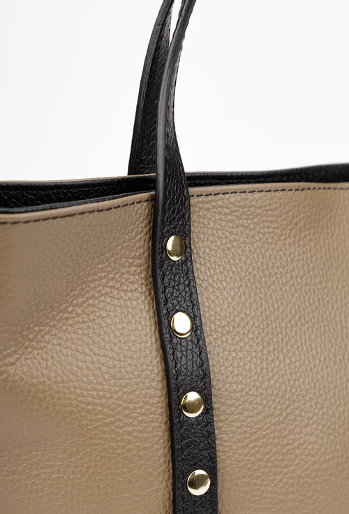 Geanta dama din piele texturata taupe cu negru