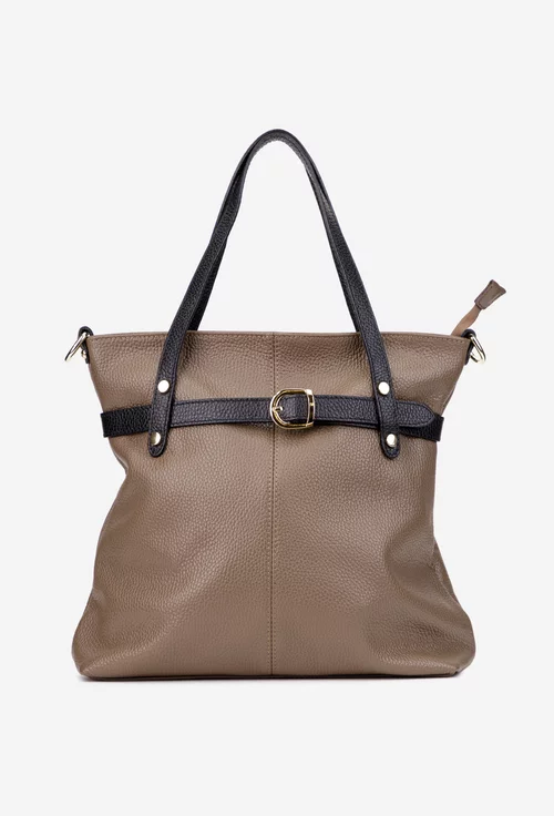 Geanta dama din piele texturata taupe cu negru si ornamente aurii