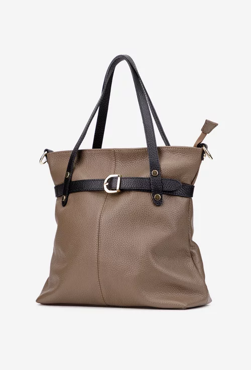 Geanta dama din piele texturata taupe cu negru si ornamente aurii