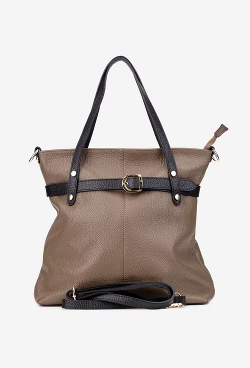 Geanta dama din piele texturata taupe cu negru si ornamente aurii
