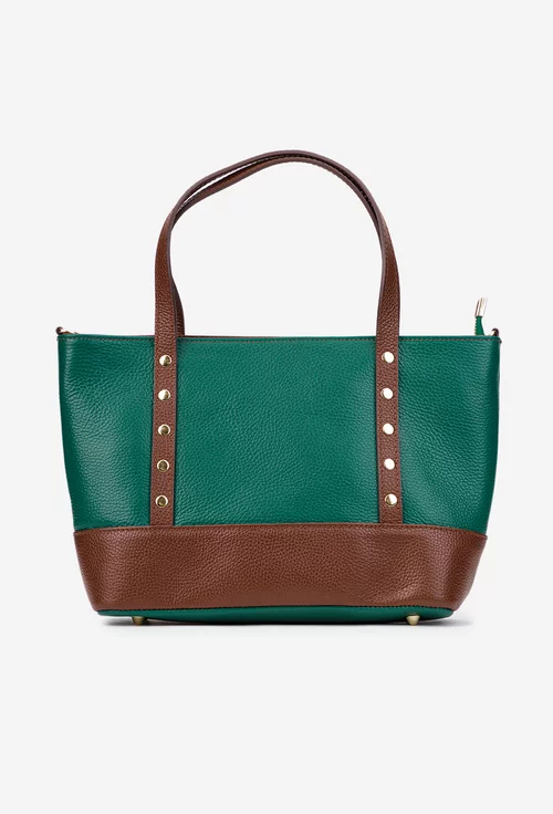 Geanta dama din piele texturata verde cu maro