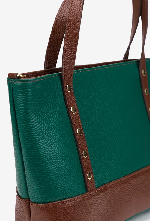 Geanta dama din piele texturata verde cu maro