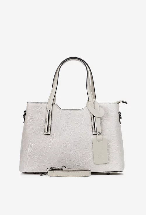 Geanta dama gri din piele naturala cu imprimeu