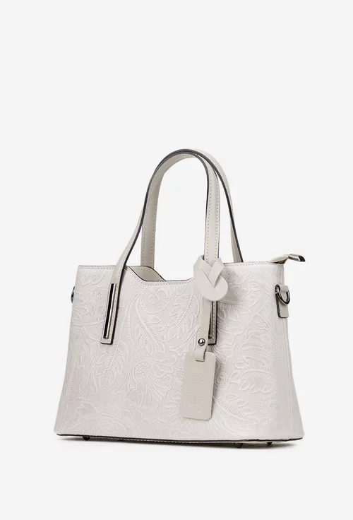 Geanta dama gri din piele naturala cu imprimeu