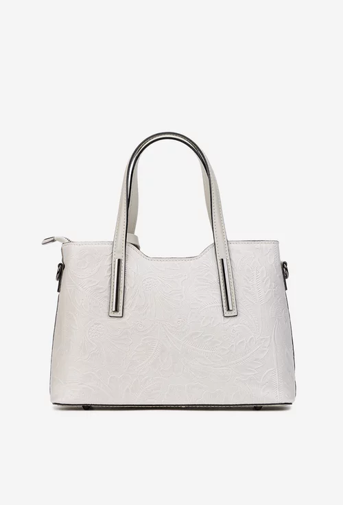 Geanta dama gri din piele naturala cu imprimeu