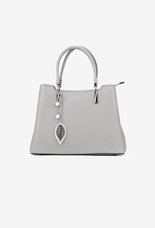 Geanta dama gri din piele texturata cu ornament detasabil