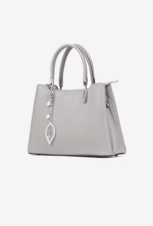 Geanta dama gri din piele texturata cu ornament detasabil