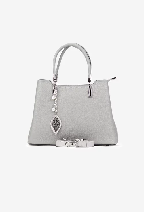 Geanta dama gri din piele texturata cu ornament detasabil