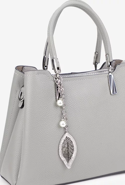 Geanta dama gri din piele texturata cu ornament detasabil