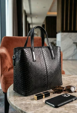 Geanta dama neagra confectionata din piele croco