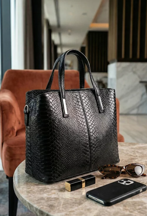 Geanta dama neagra confectionata din piele croco