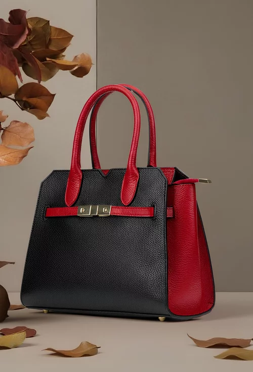 Geanta dama neagra cu rosu din piele naturala texturata